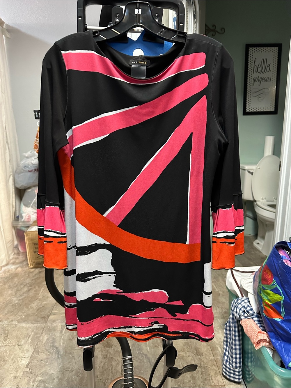 eva varro Black Tunic with Pink and Orange Abstract Stripes